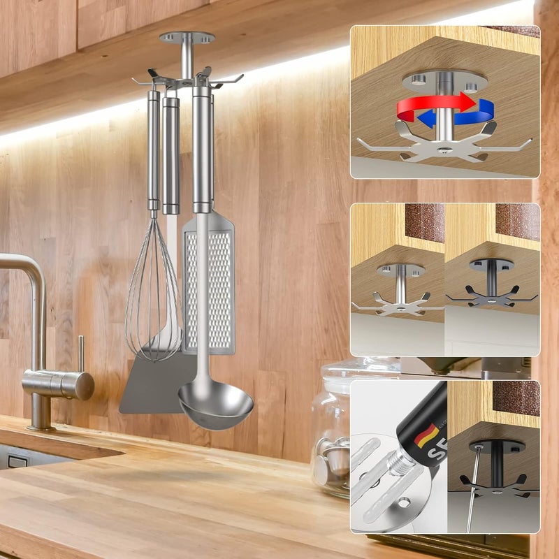 Funnacle 2pcs Under Cabinet Hooks Rotating Kitchen Utensil Holder 304 Stainless Steel Adhesive Utensil Hanging Rack for Kitchen Utensils/Tools/Towel/Knife(2, Brushed Nickel)… - Image 2